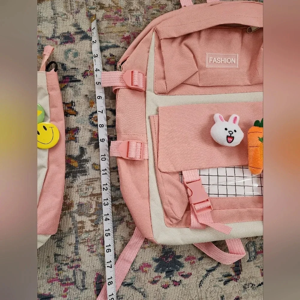 Pink Kawaii Backpack Pin Decor Multi Pocket School Bag OS